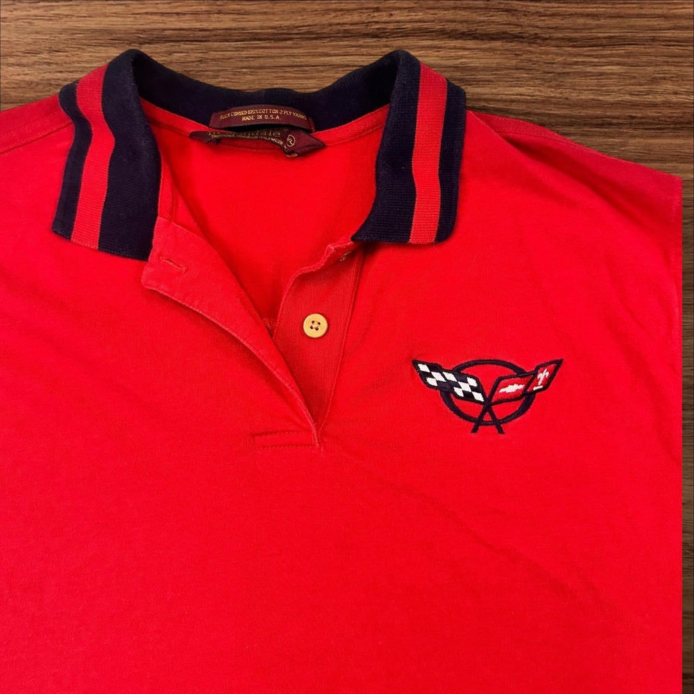 Vintage Elandale Corvette Racing Polo Shirt Mens Red‎ Checkered Flag Embroidered